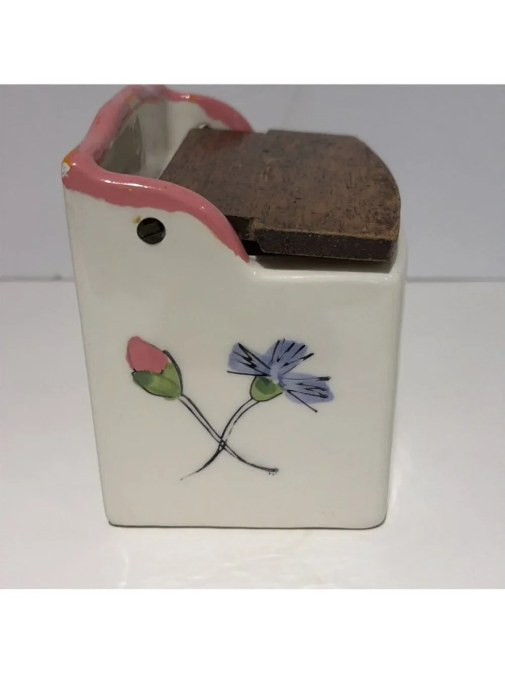 Vintage Floral Salt Cellar Box With Wooden Lid Ceramic Farmhouse Japan 4.5